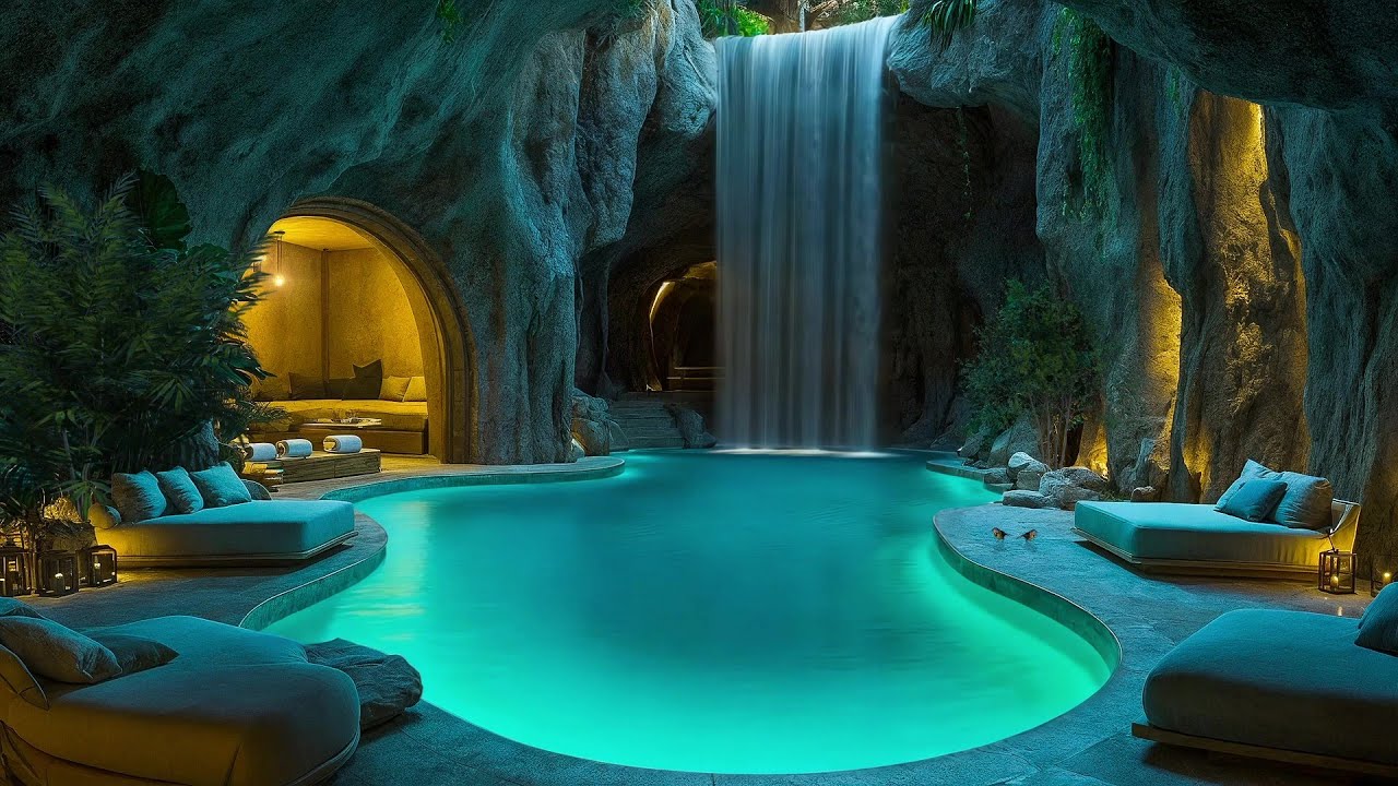 Hidden Cave Pool & Waterfall Spa at Night 🌌💦 | Deep Sleep & Relaxation Sounds