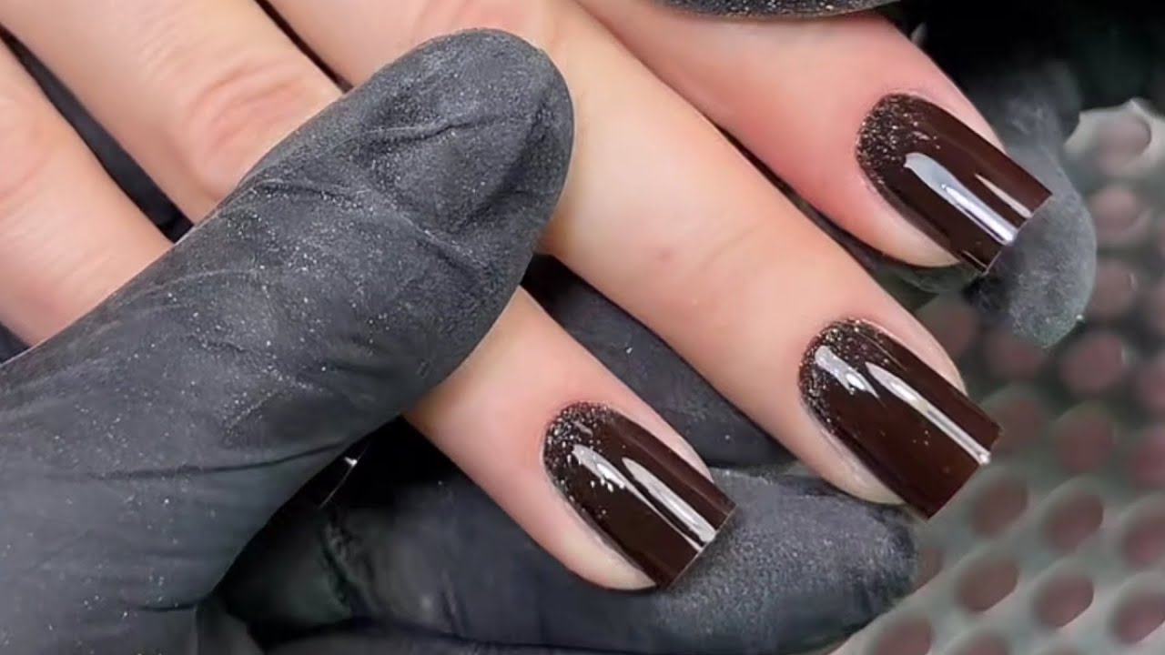 Luxury Deep Brown Nails with Silver Glitter Gradient ✨ | Full Manicure Process | Square Shape
