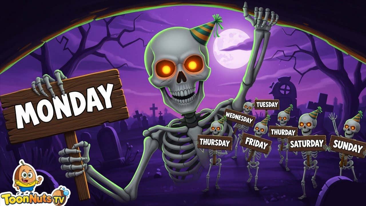 Poznaj dni tygodnia z zabawnymi szkieletami | Edukacyjna piosenka na Halloween dla dzieci | ToonNuts TV