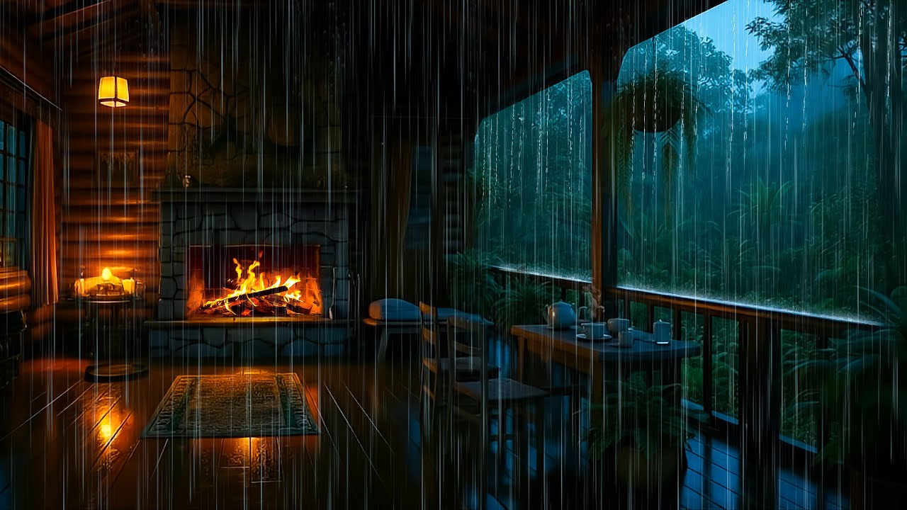 Forest Porch Ambience on a Rainy Night | Heavy Rain, Fireplace Sounds & Soft Thunder to Sleep Deeply