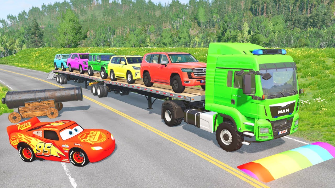 Flatbed Truck McQueen | Transportation with Truck - Pothole vs Car #03 | BeamNG.Drive Gameplay