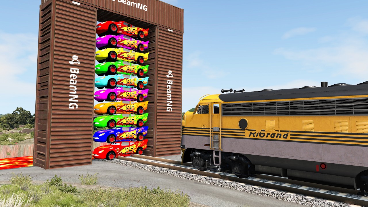 10 COLORS LIGHTNING MCQUEEN VS ANGRY TRAIN AND MONSTER SHARK TRUCK