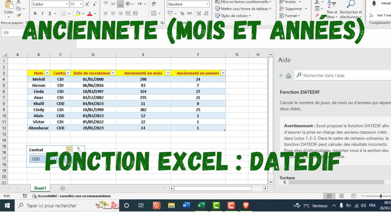 Calculer l'Ancienneté en mois et en années sur Excel