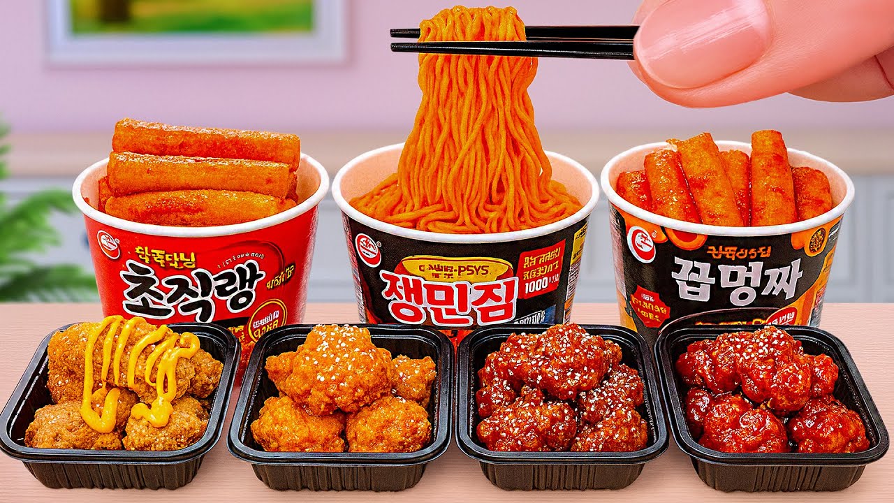 Korean Street Food Feast 🔥 Cómo hacer mini fideos picantes, tteokbokki y pollo | Teeny Kitchen