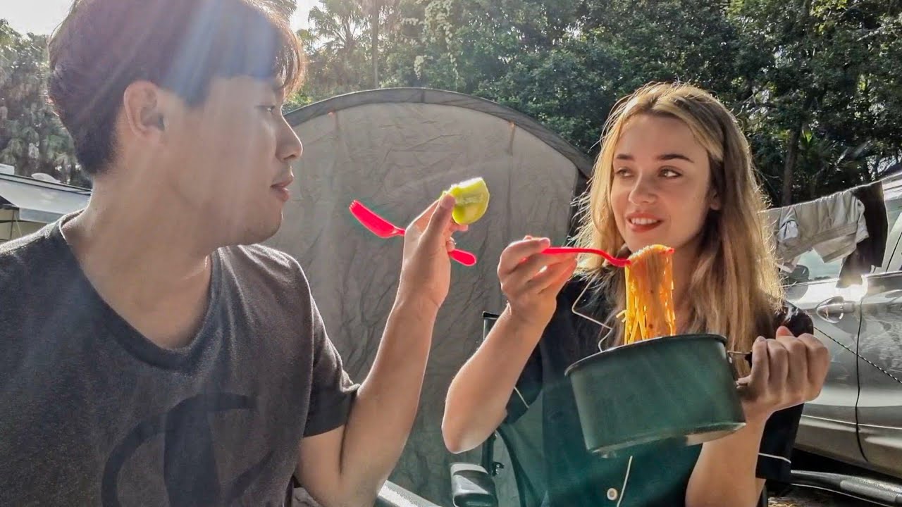 Our Morning Routine Camping In The Wild! Spicy Sea Snail Noodles For Breakfast! | AMWF Couple VLOG