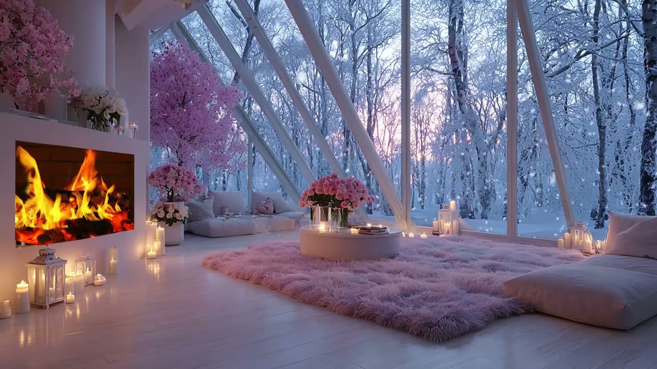 Quiet Winter Piano Lounge | Cozy Fireplace & Snowfall Sounds | Focus Study Work Relax Calm