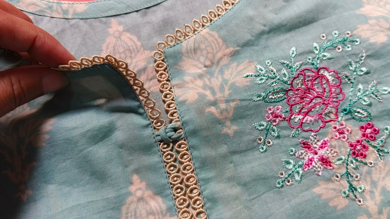 Neck design with lace cutting and stitching||dori loops neck design with lace cutting & stitching