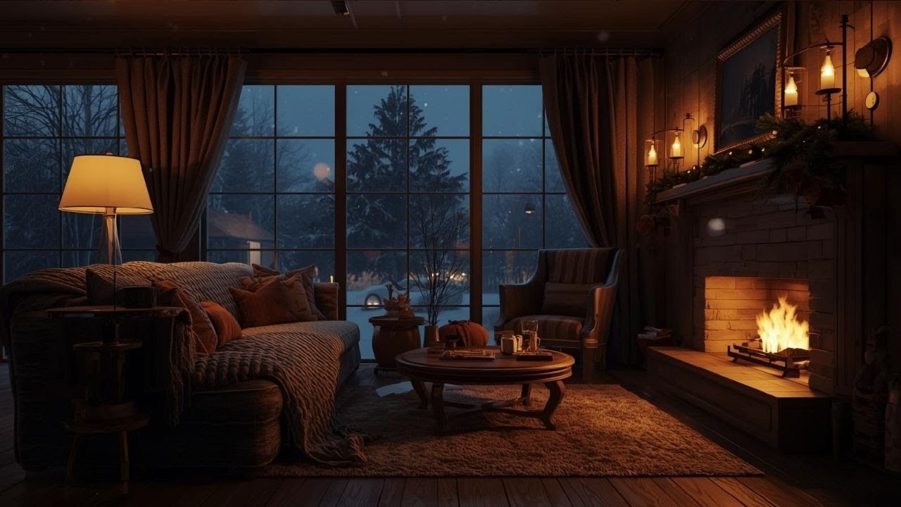 Cozy Winter Living Room Jazz ❄️ Fireplace Ambience at Night