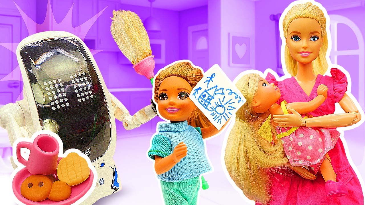Robo tata a casa della bambola Barbie. Video e giochi con le bambole