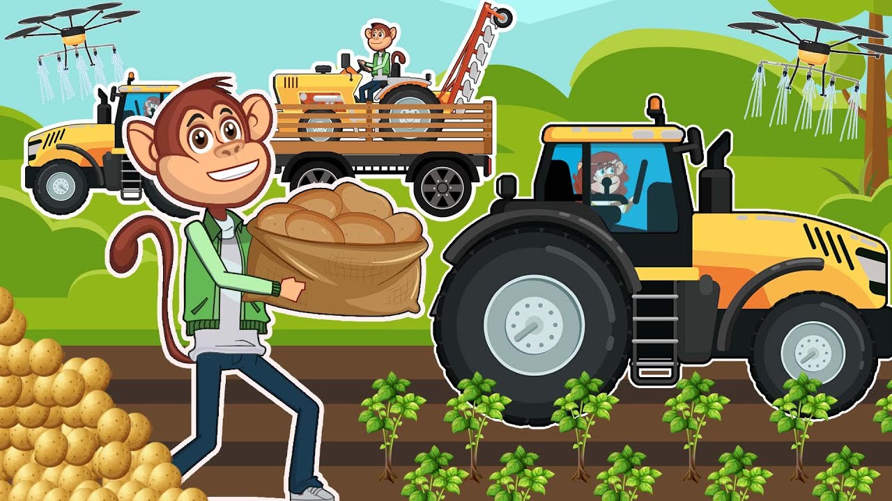 Monkey Farm Life: Potato Harvest - Tractor, Combine Harvester, Farm Truck | Funny Farm Vehicles