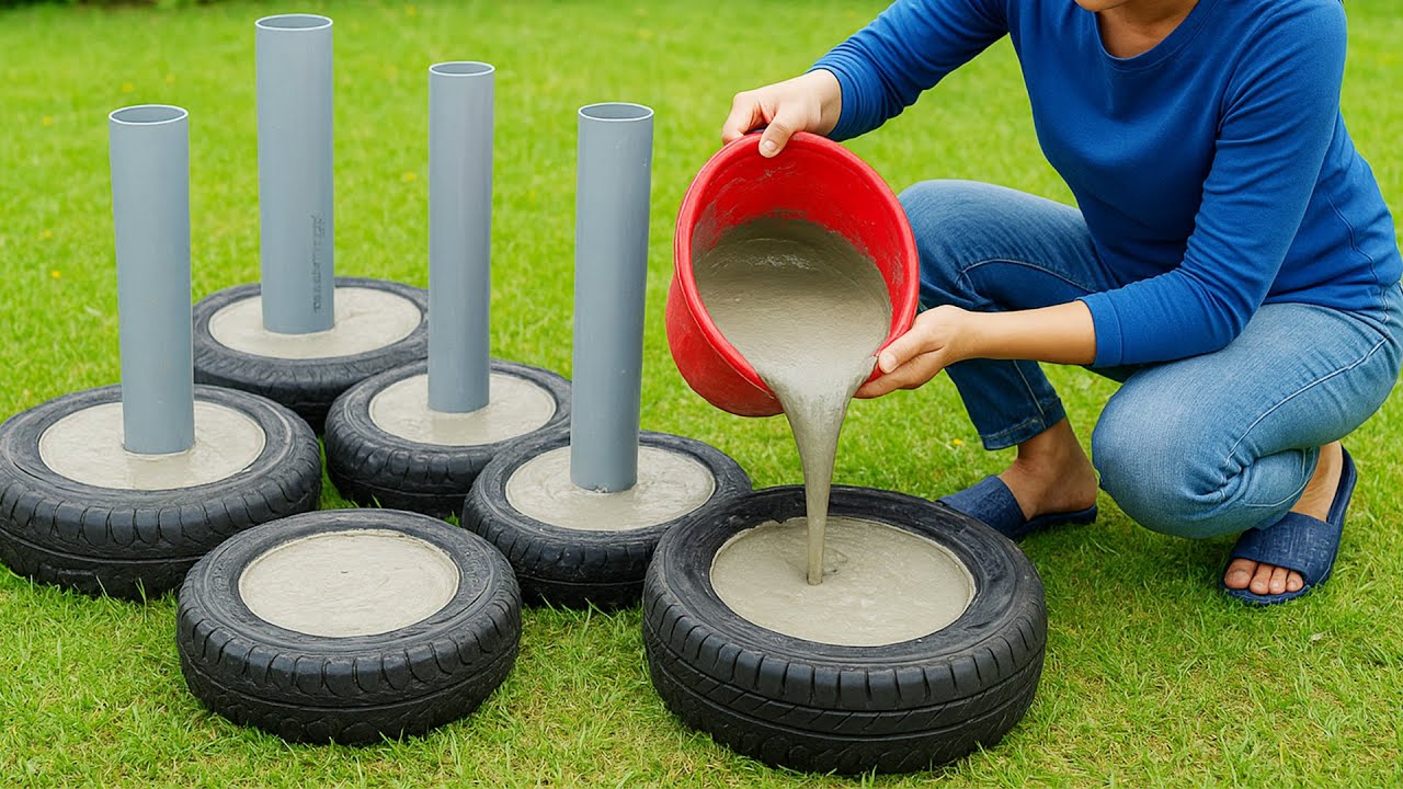 Amazing idea of ​​pouring cement into old tires / DIY garden coffee table inspiration / cement table
