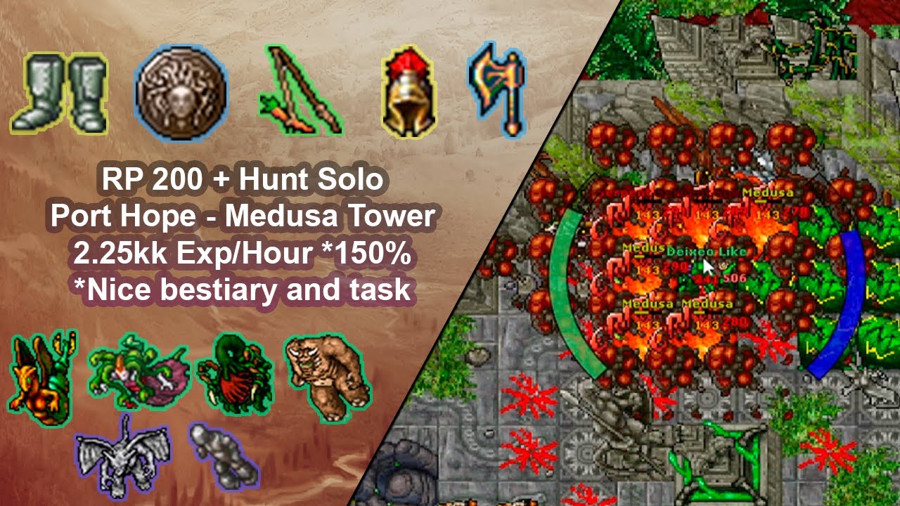 Tibia Royal Paladin 225 (200+) Соло-охота / Башня Медузы в Порт-Хоуп / 2,25 кк опыта/час *150% *Н...