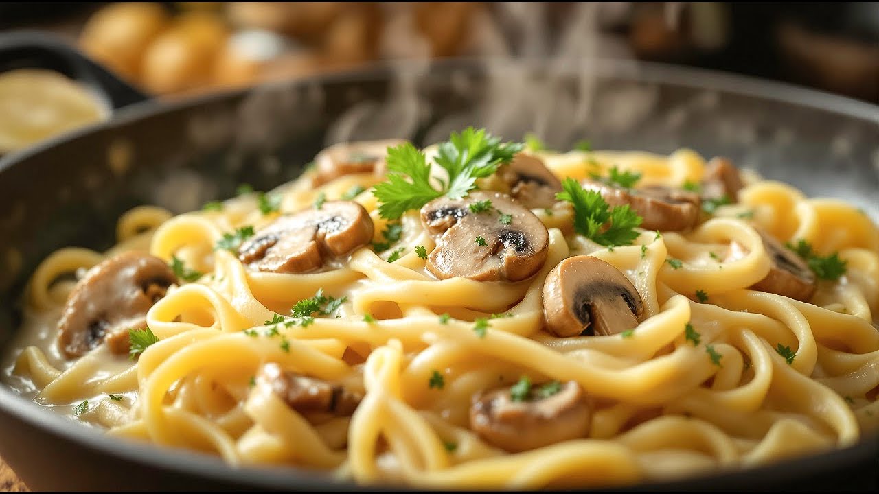 Bardzo smaczne spaghetti z grzybami w kremowym sosie! Prosty przepis na makaron na kolację!