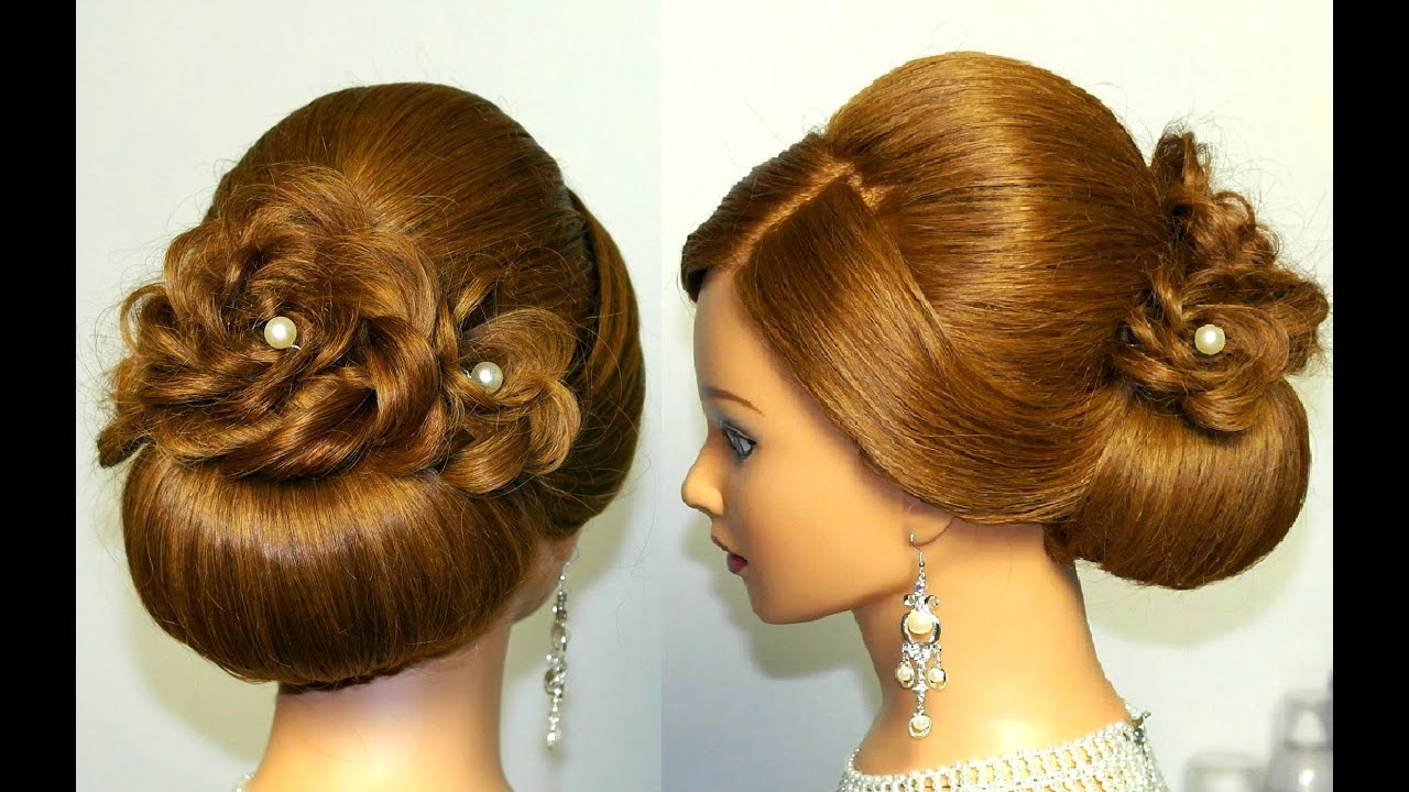 Bridal hairstyle for long hair, updo tutorial with braided flowers