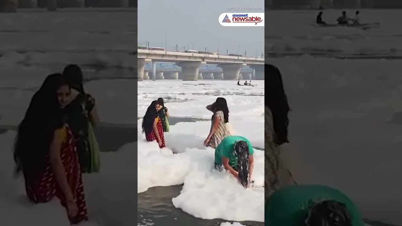 Shocking! Delhi Woman Uses Toxic Yamuna Foam to Wash Hair