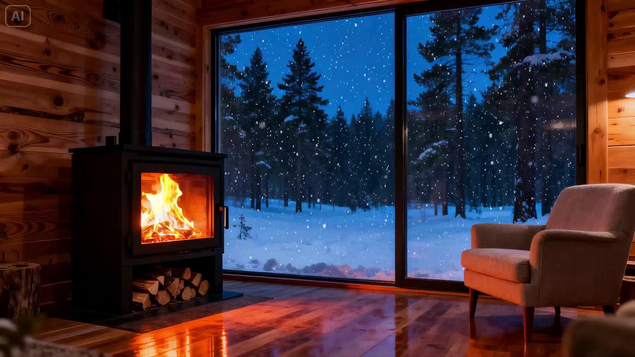 Snow Covered Pines at Dusk 🔥 Cozy Fireplace and Relaxing Silence