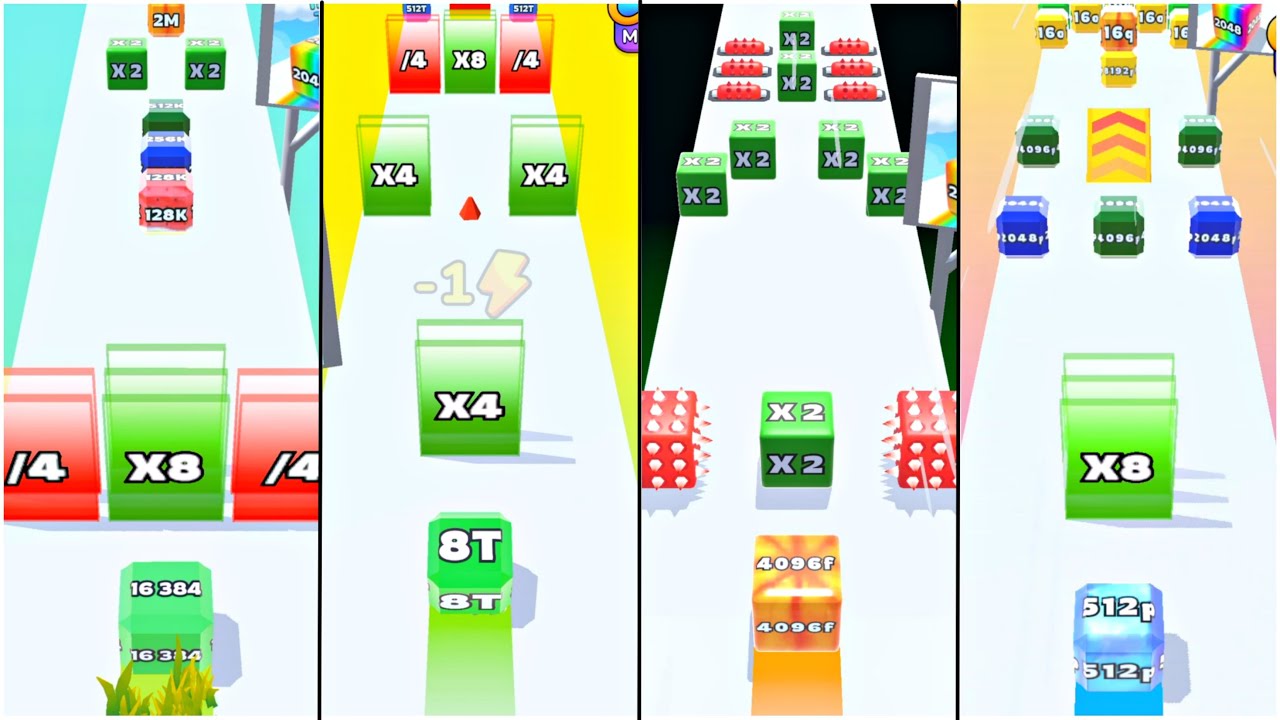 Jelly Run 2048 ULTIMATE Gameplay | 4 Shape Play Showdown! | 8B vs 128Q vs 512g vs 128q Race