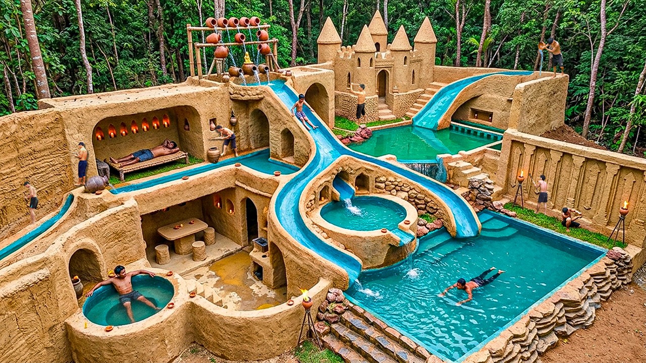 200 Days Building a Mud Castle with Carved Furniture, Slides & Hot Spring Bath Using Primitive Tools