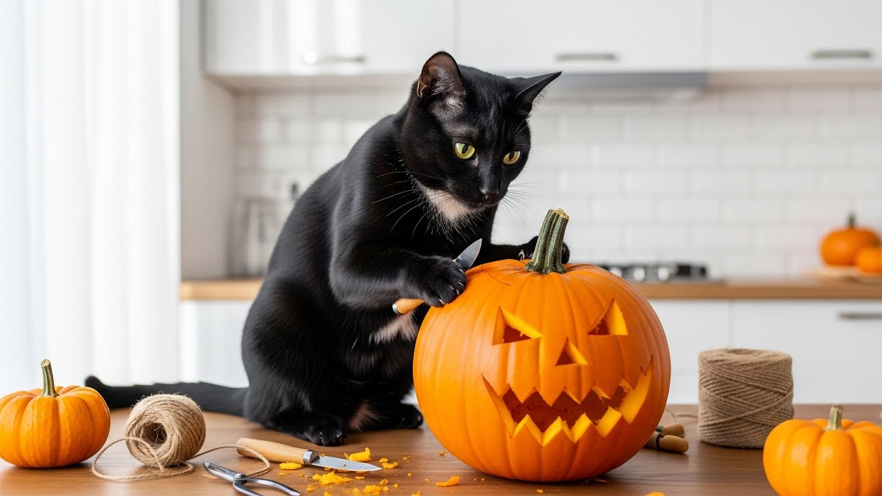 黒猫ジジ、ひとりでハロウィンを飾る