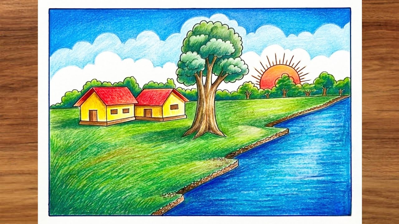 Easy Village Scenery Drawing Step-by-Step | Beautiful Village House and River Landscape Drawing 