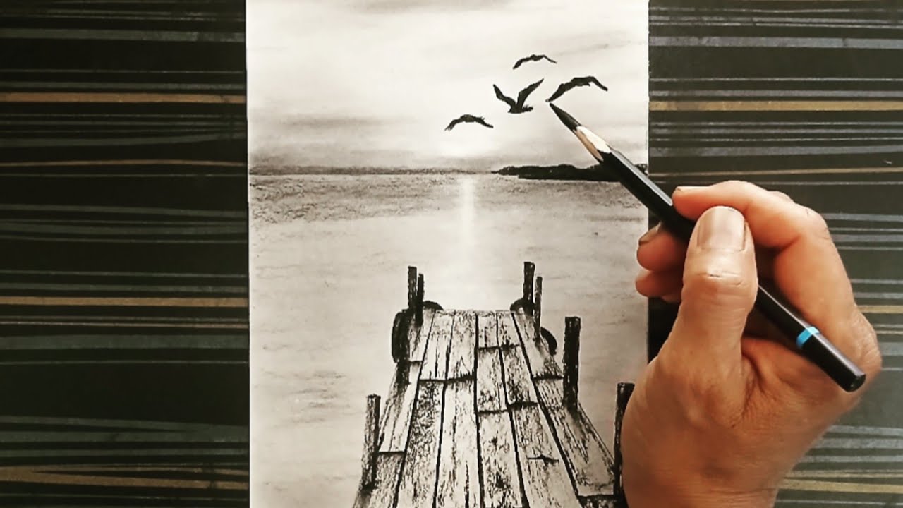Pencil drawing scenery of dock, pier or jetty with flying birds.