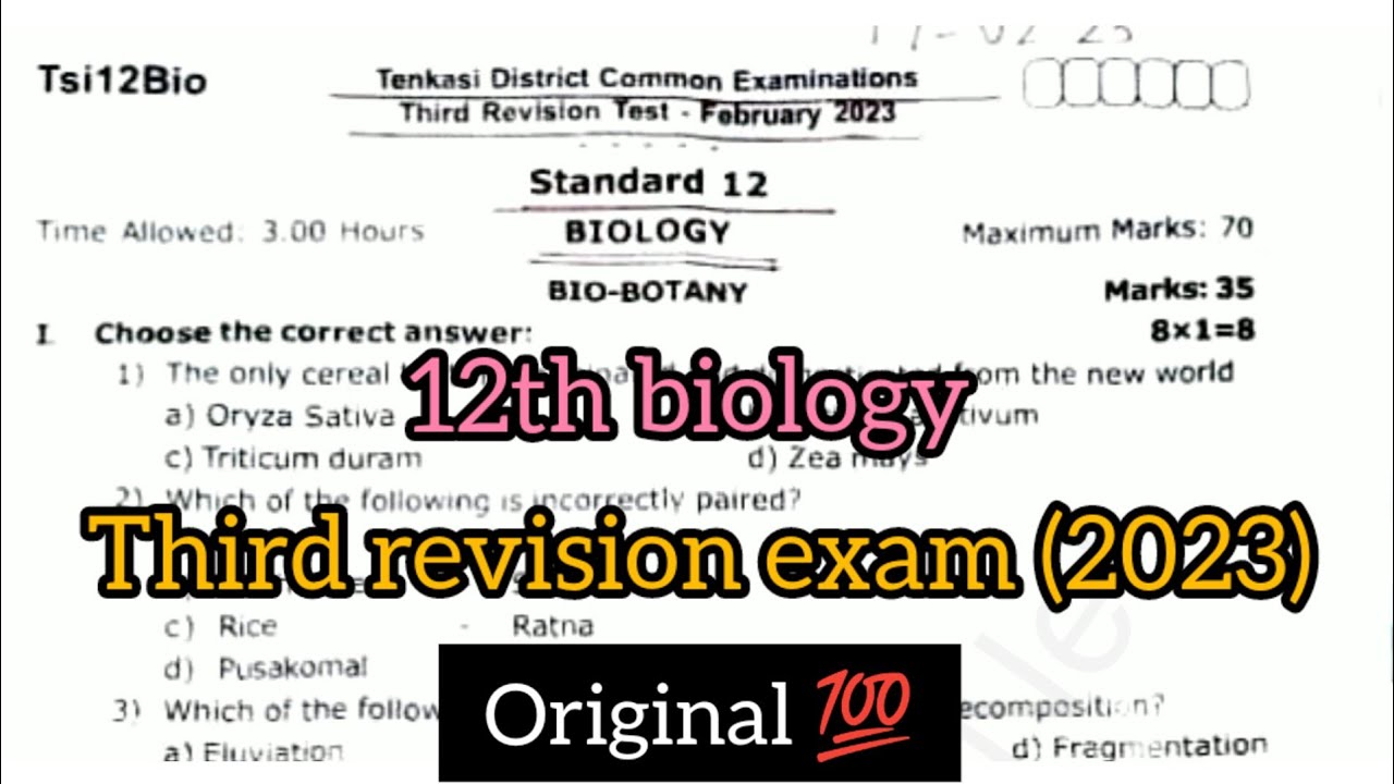 12th std biology third revision exam original question paper 2023