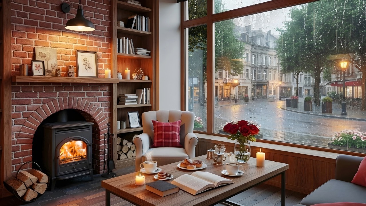 Coffee Shop on a Rainy Evening ☕ Soft Jazz, Fireplace & Ambient Sounds for Study