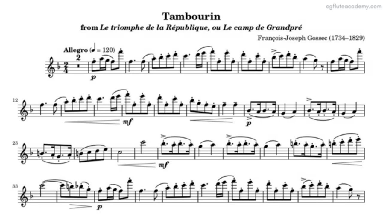 François-Joseph Gossec - Tambourin ♩= 90 (Slow) Flute & Piano midi with metronome
