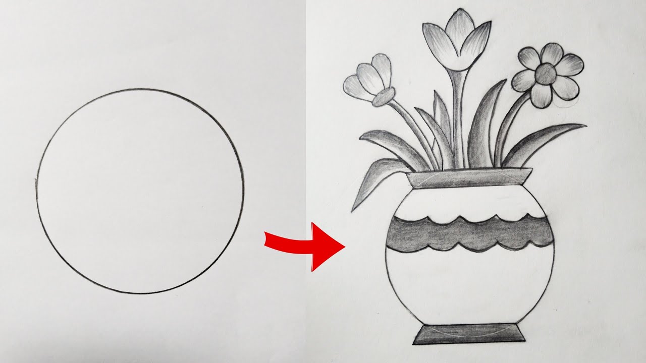 How to draw flower vase 🌷 from circle | flower pot drawing