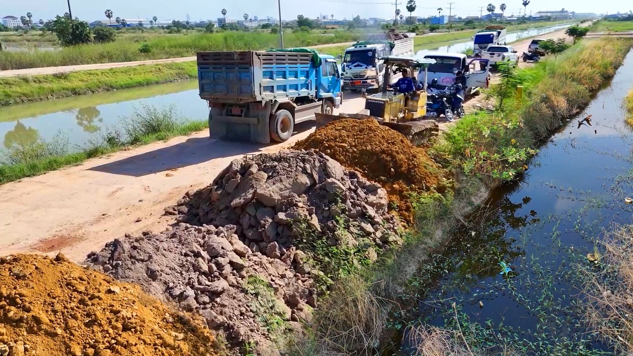 New Location Getting New Huge Land Filling Up Processing Use 3 Dozer D31P Push Stone Soil Into Field