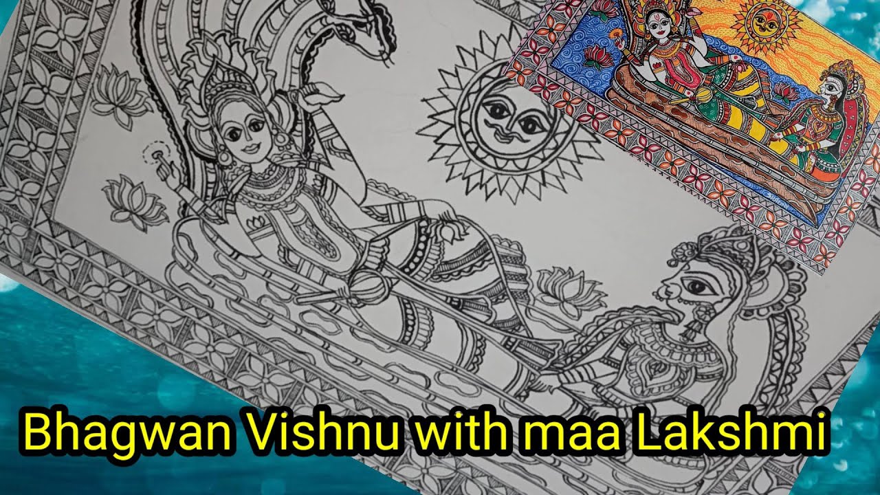 Learn how to draw Bhagwan Vishnu with maa Lakshmi in Madhubani painting for beginners. Part-1