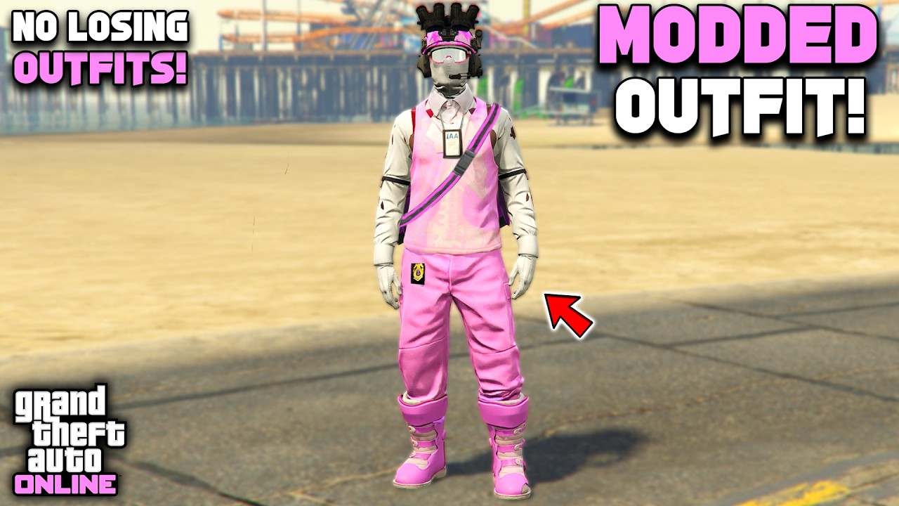 Модифицированный комплект одежды для GTA 5 ONLINE: розовые спортивные штаны, рваная рубашка и дор...