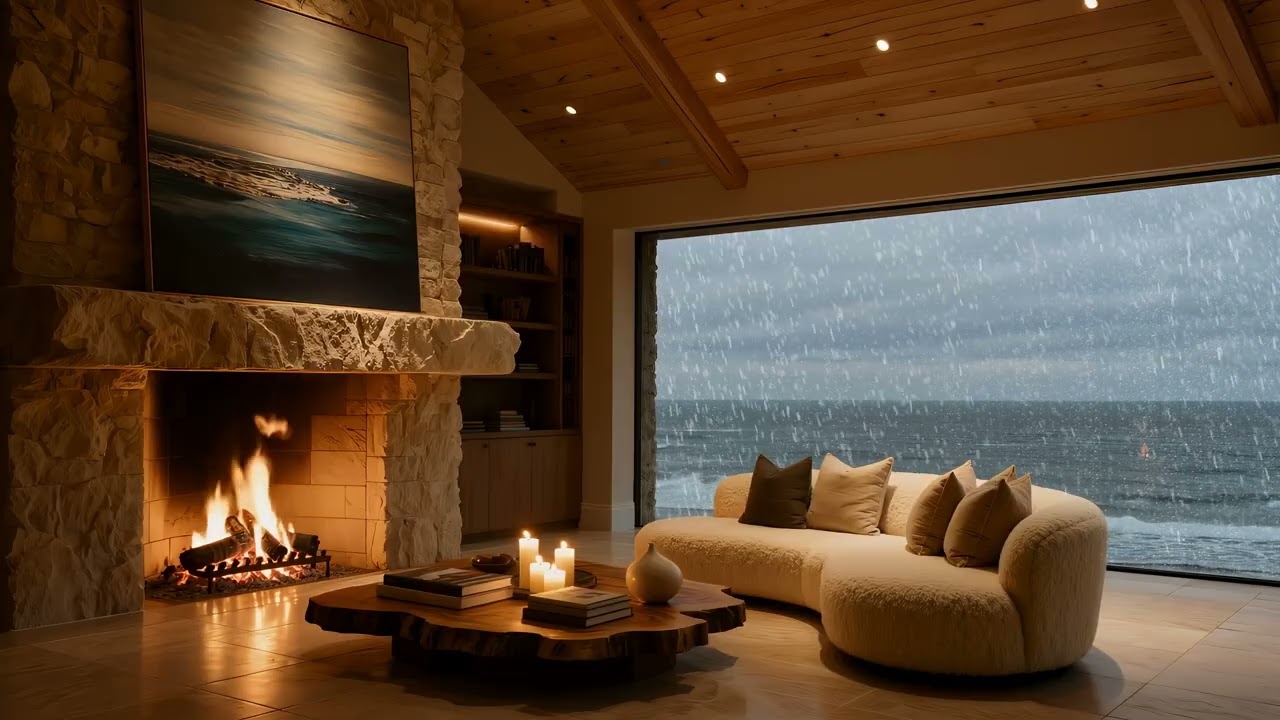 Stormy Ocean Fireplace Ambience 🌊🔥 | Cozy Coastal Cabin with Wave and Rain Sounds