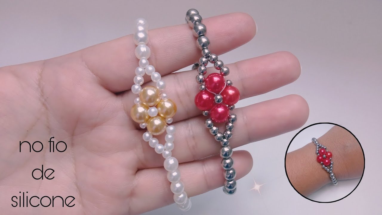 Pulseira de pérolas no fio de silicone/passo a passo.