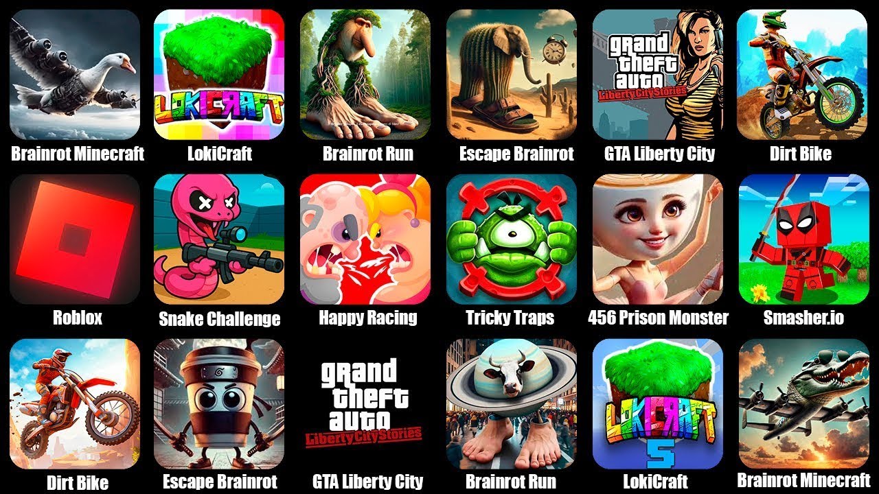 Minecraft,Brainrot Run,Roblox,LokiCraft,Dirt Bike,Snake,Happy Racing,Smasher.io