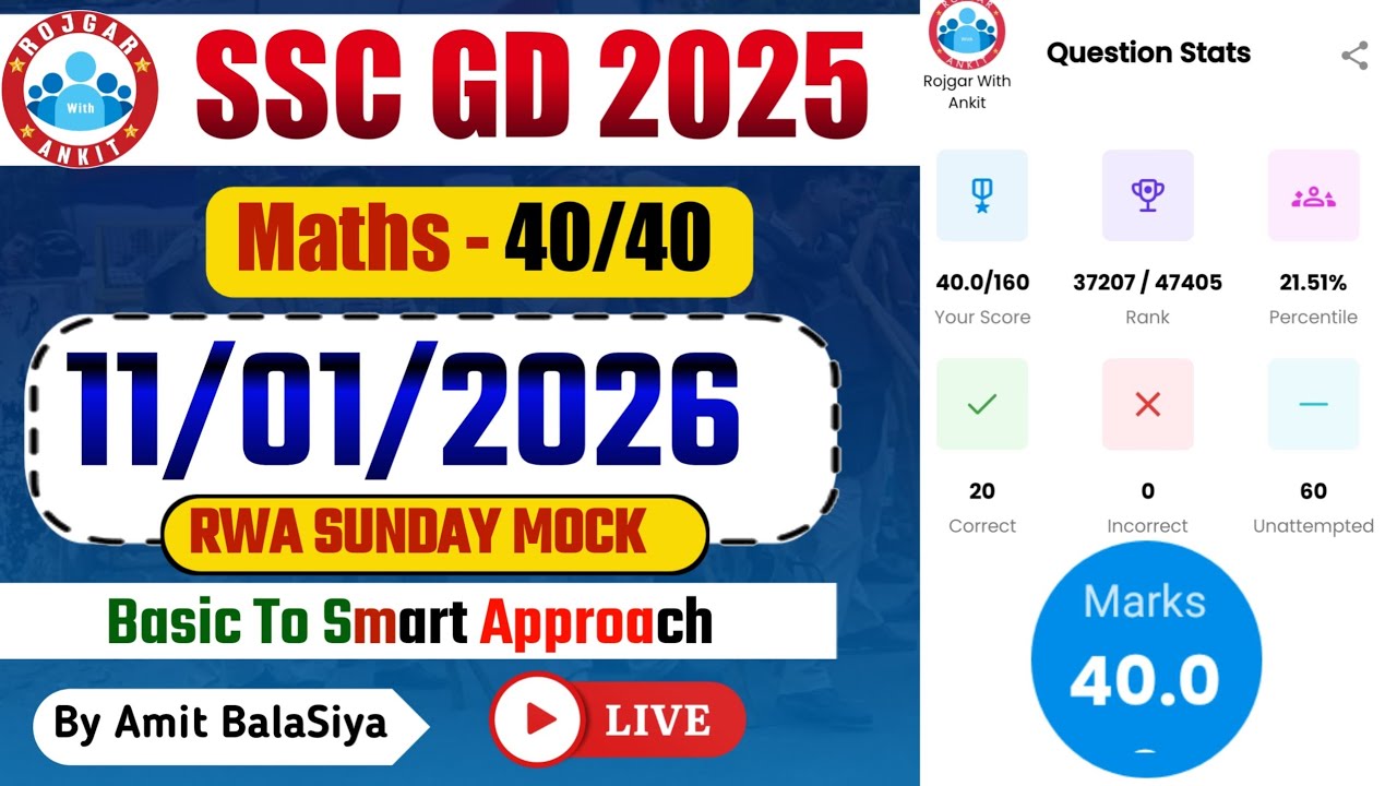Rojgar With Ankit SSC Gd : 11 January Weekly Mock Test Math Solution | 11-01-2026