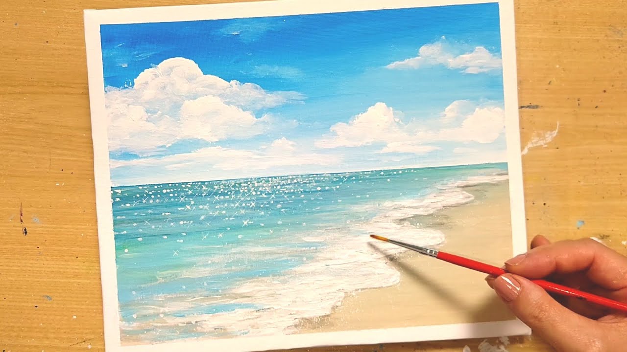 アクリル絵の具で【夏の海】の描き方/エメラルドグリ－ンの海/初心者のための簡単なアクリル画/Step by step