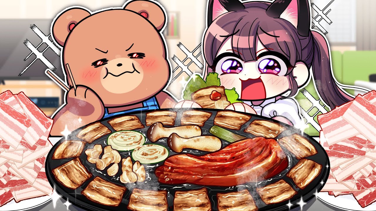 엄마,아빠랑 집에서 삼겹살을 배터지게 구워먹어요~ (지지지직~ 고기굽는소리)