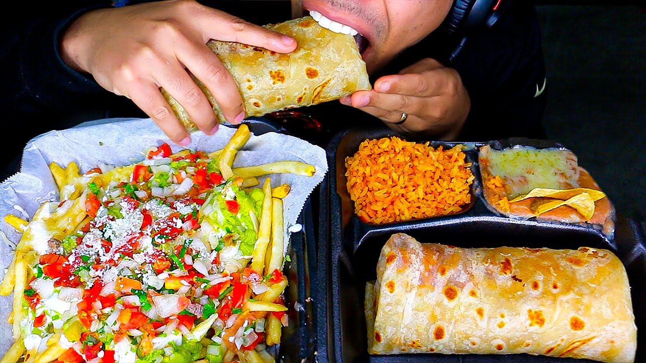 ASMR MEXICAN FOOD CARNE ASADA FRIES SPICY BURRITO RICE AND BEANS MUKBANG EATING NO TALKING BIG BITES