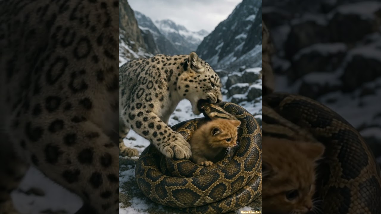 Snow Leopard Saves Kitten from Python 🐆🐍🐱 #cat #wildlife #animals