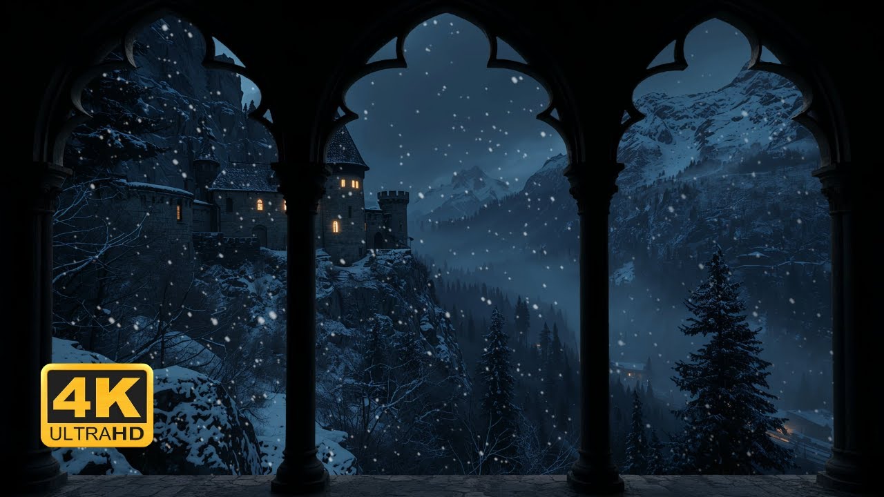 Dark Winter Castle Window View – Windy Night Ambience 4K For Study and Relaxation