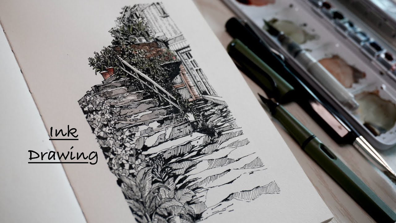 Ink drawing with fountain pen| urban sketching in sketchbook