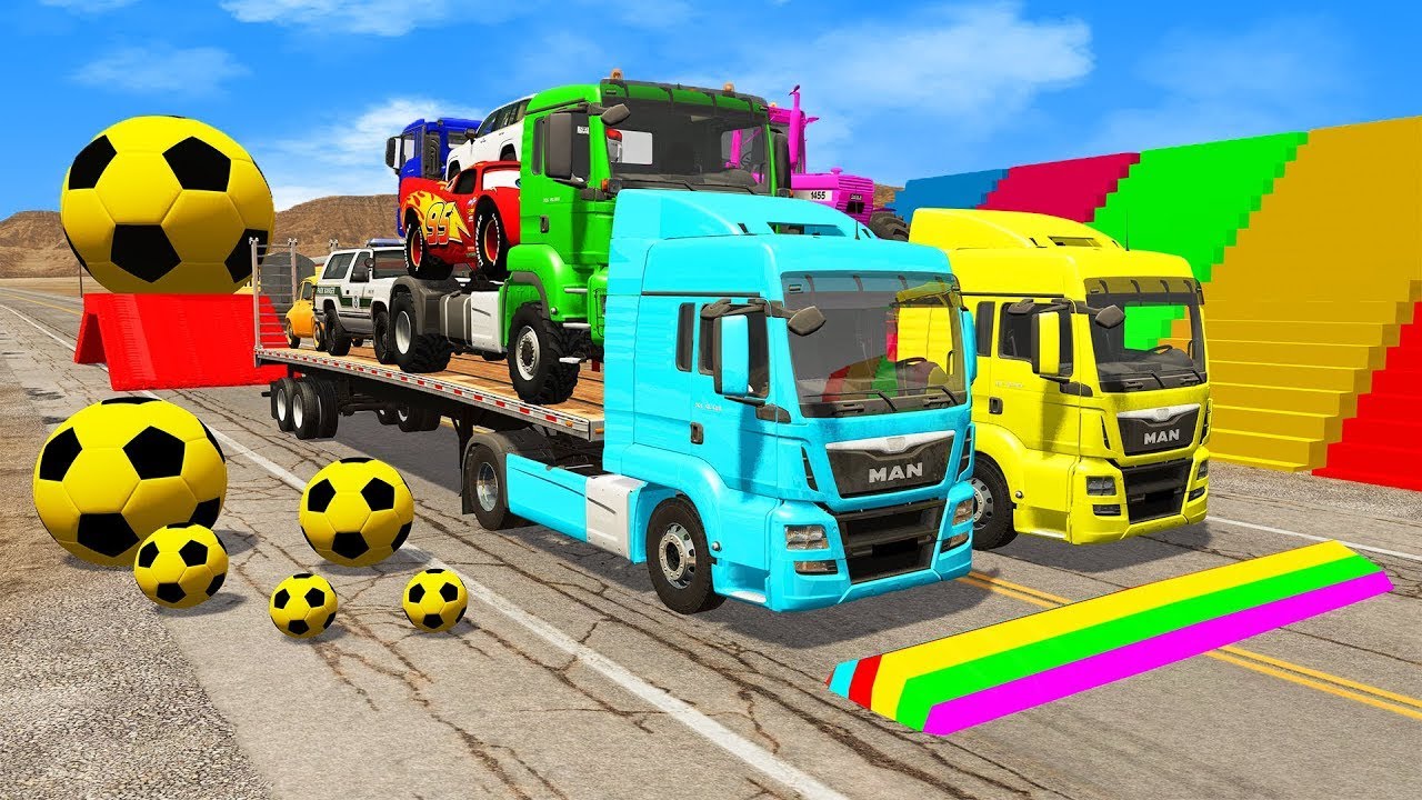 Flatbed Trailer McQueen Transportation with Truck - Speedbumps vs Cars vs Train - BeamNG.Drive #73