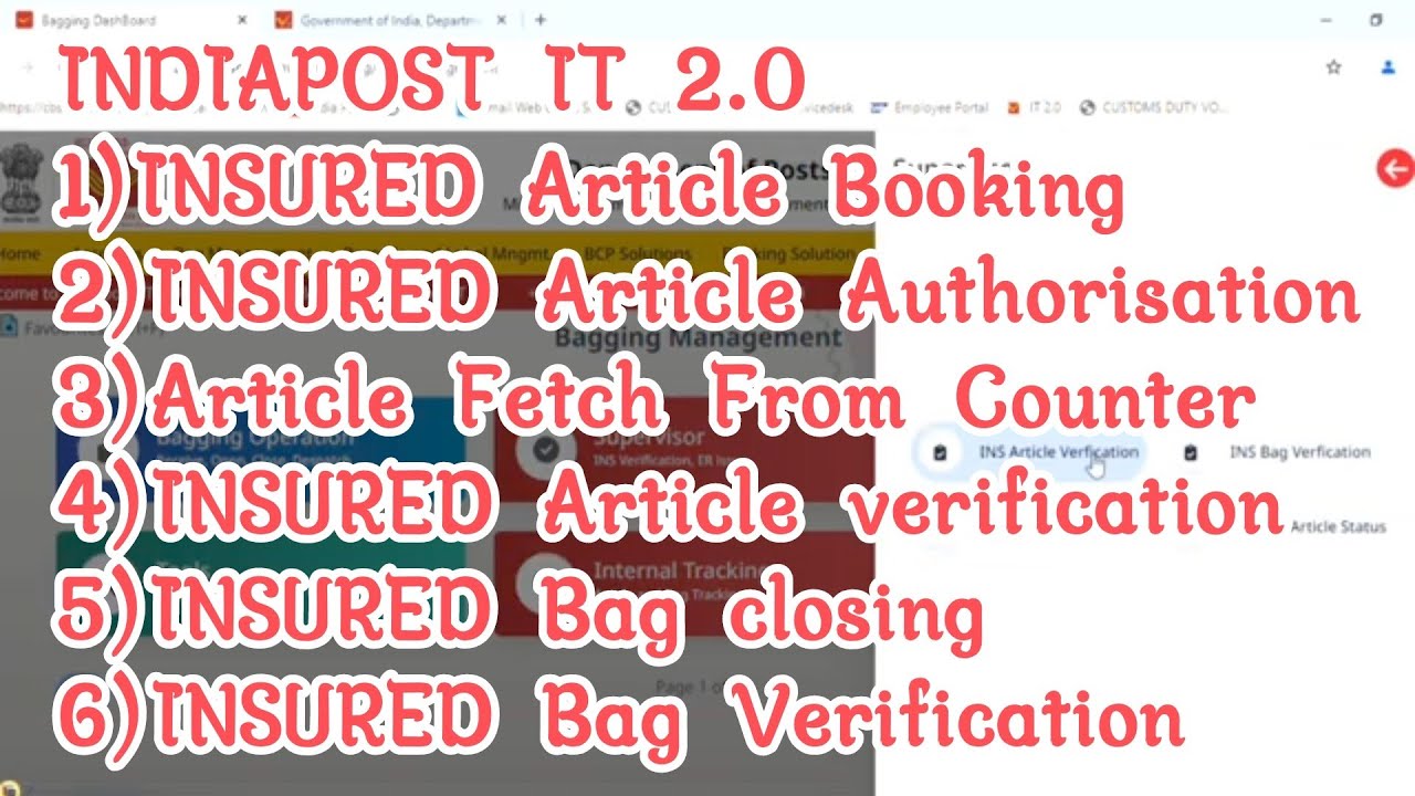 Indiapost IT 2.0 insured article supervisor approval insured letter insured parcel bag closing