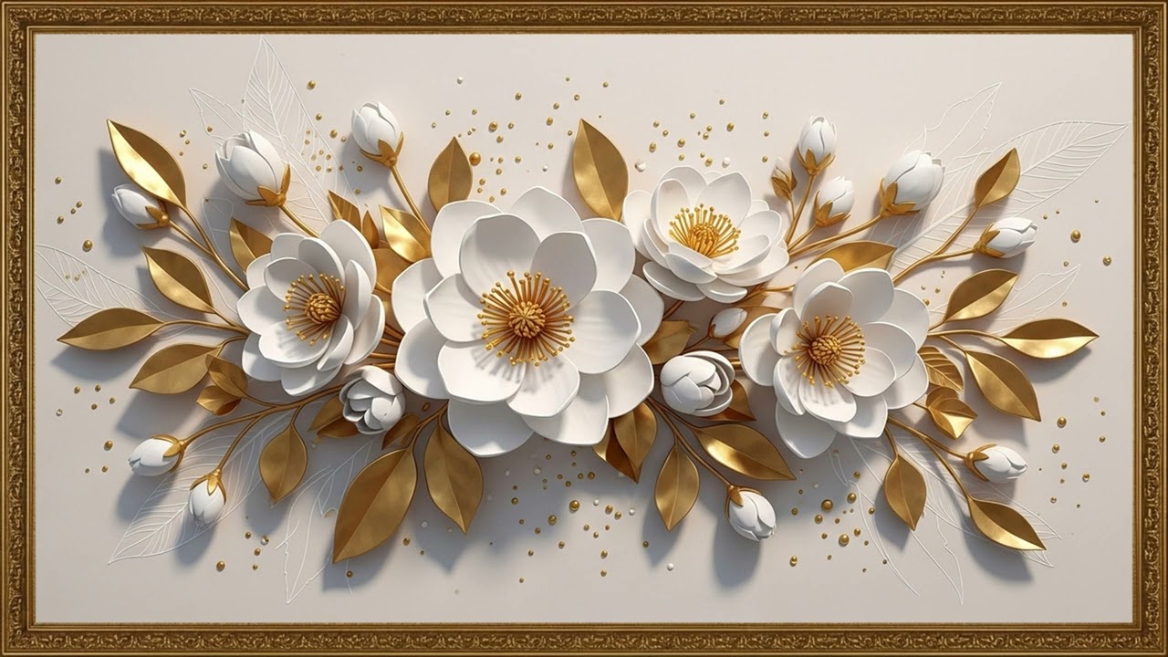 Minimal White Floral Relief with Gold Detail 4K | Luxury Interior Accent