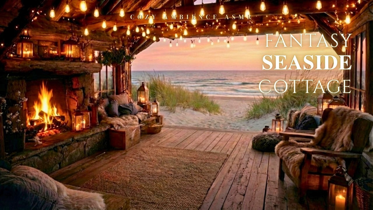 Fantasy Seaside Cottage 🔥🌊🐦 Ocean Waves, Bird Sounds & Fireplace ASMR for Relaxing