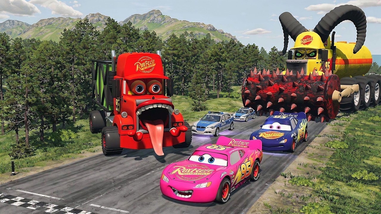 Big & Small McQueen & Police Car vs Zombie Mack, Giant Speed Bumps Downhill Race &ndash; BeamNG.drive