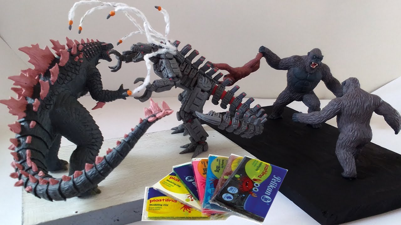 GODZILLA, MECHAGODZILLA AND KONG  WITH CLAY/PLASTILINA. Battle.