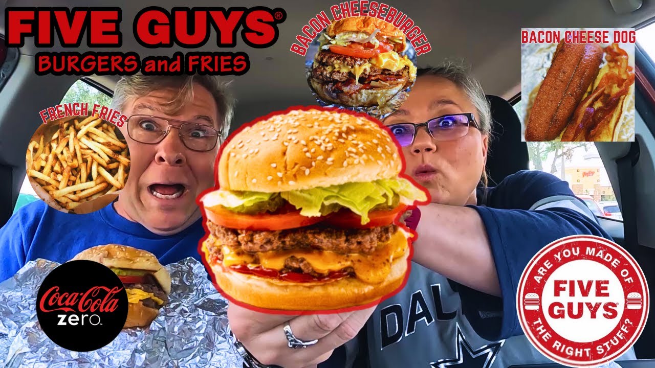 Five Guys Cheeseburgers, Bacon Cheese Hot Dog, and Fries | National Cheeseburger Day | Eat With Us!