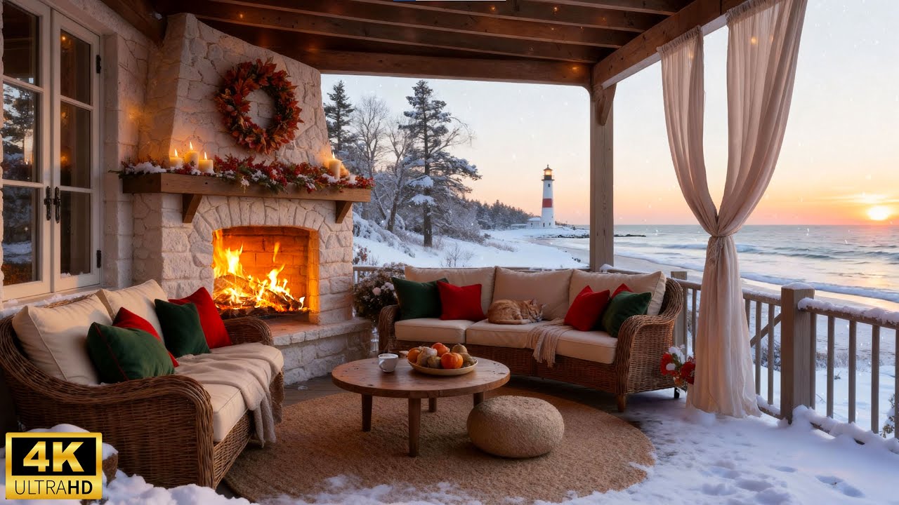Cozy Winter Beach Porch Ambience - Soft Piano Music, Ocean Sounds & Warm Fireplace for Relax & Study